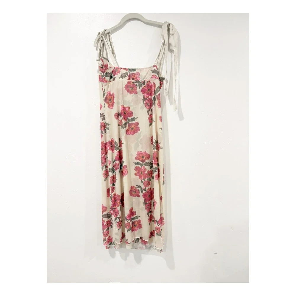 Free People Intimately Floral Mesh Midi Dress Ivory Pink XL New